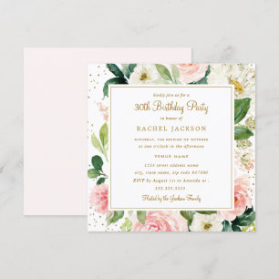 Blush Gold Floral Waterverf 30th Birthday Invite Kaart