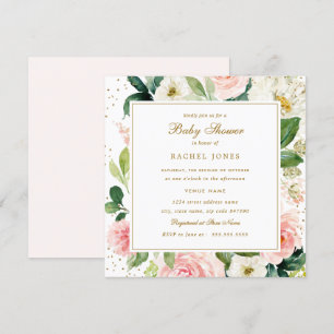 Blush Gold Floral Waterverf Baby shower Uitnodigen Kaart
