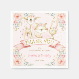 Blush Gold Floral Woodland Animals Verjaardag Servet