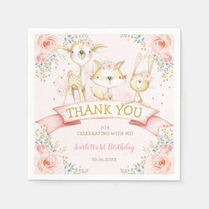 Blush Gold Floral Woodland Animals Verjaardag Servet