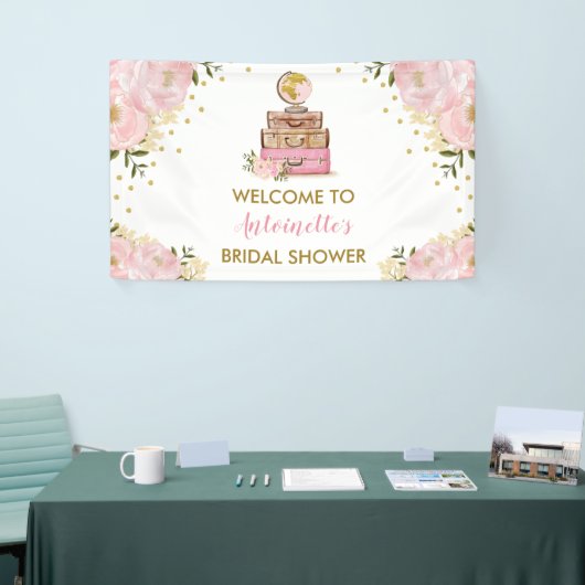 Blush Gold Flower Travel Vrijgezellenfeest Welkom Spandoek (Beurs)