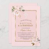 Blush Gold Flowers Girl 1st Birthday & Baptisme Kaart (Voorkant / Achterkant)