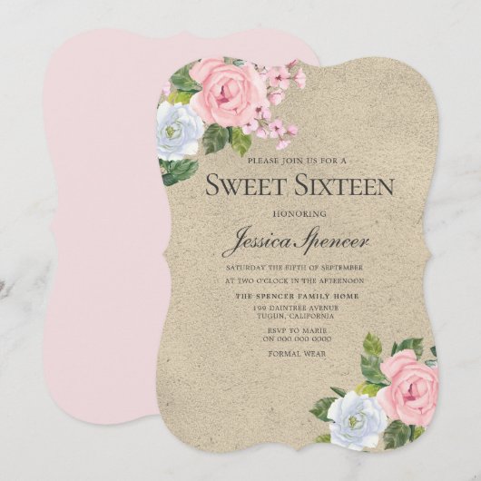 Blush & Gold  Flowers Sweet 16 Invite Kaart (Voorkant / Achterkant)