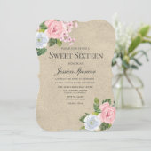 Blush & Gold  Flowers Sweet 16 Invite Kaart (Staand voorkant)