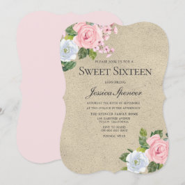 Blush & Gold Flowers Sweet 16 Invite Kaart