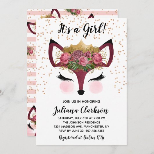 Blush & Gold Fox Princess Baby shower Kaart (Voorkant / Achterkant)
