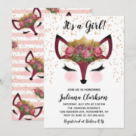 Blush & Gold Fox Princess Baby shower Kaart