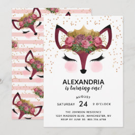 Blush & Gold Fox Princess Birthday Kaart