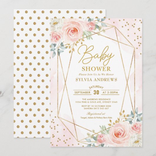  Blush Gold Geometric Floral Baby shower Kaart (Voorkant / Achterkant)