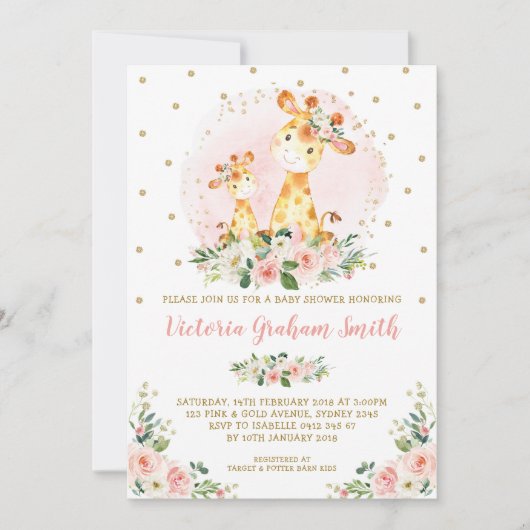 Blush Gold Giraffe Girl Baby shower Floral Rozen Kaart (Voorkant)