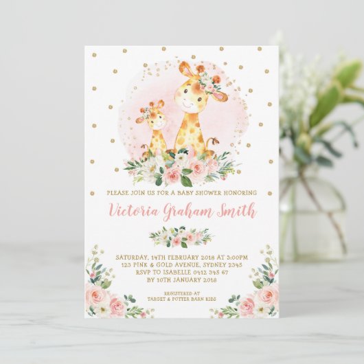 Blush Gold Giraffe Girl Baby shower Floral Rozen Kaart (Staand voorkant)