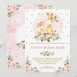 Blush Gold Giraffe Girl Baby shower Floral Rozen Kaart