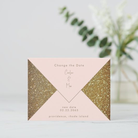 Blush & Gold Glam Bruiloft Wijzig de datum Briefkaart (Staand voorkant)