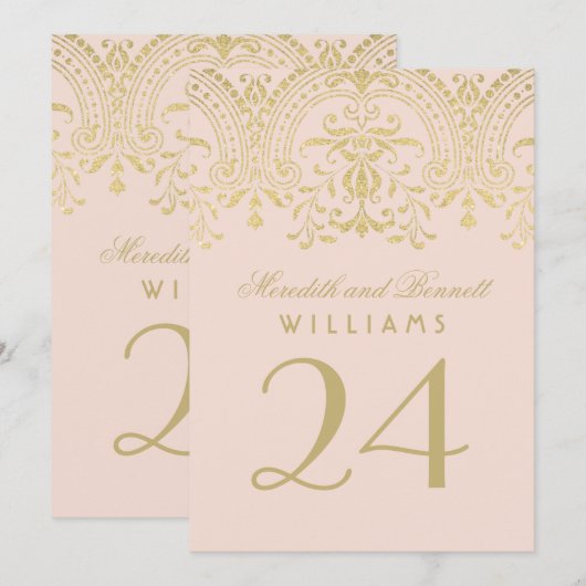 Blush Gold  Glamour Weddeningnummer Kaart (Voorkant / Achterkant)