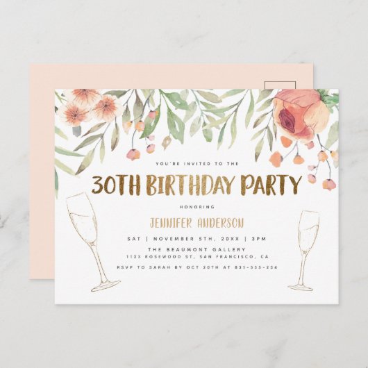 Blush & Gold Glitter Champagne 30e verjaardag Uitnodiging Briefkaart (Voorkant / Achterkant)
