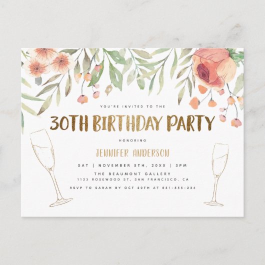 Blush & Gold Glitter Champagne 30e verjaardag Uitnodiging Briefkaart (Voorkant)