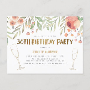 Blush & Gold Glitter Champagne 30th Birthday Uitnodiging Briefkaart