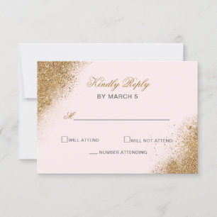 Blush Gold Glitter Sparkle Elegant Wedding RSVP Kaartje