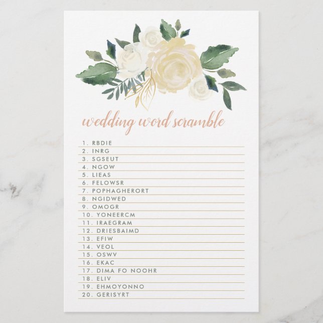Blush Gold Green Floral Weddenschap Word Scramble  (Voorkant)