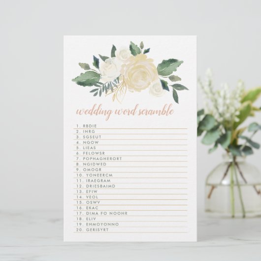 Blush Gold Green Floral Weddenschap Word Scramble Briefpapier (Staand voorkant)