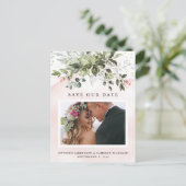 Blush Gold Greenery Dusty Blue Save the Date Foto Briefkaart (Staand voorkant)