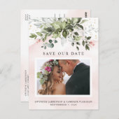 Blush Gold Greenery Dusty Blue Save the Date Foto Briefkaart (Voorkant / Achterkant)