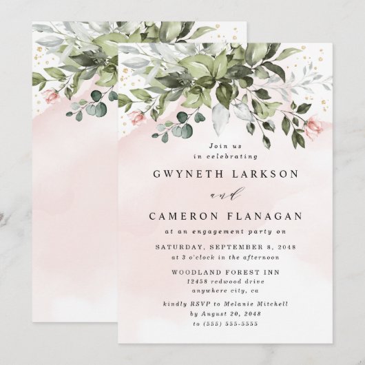 Blush Gold Greenery Dusty Blue verlovingsfeest Kaart (Voorkant / Achterkant)