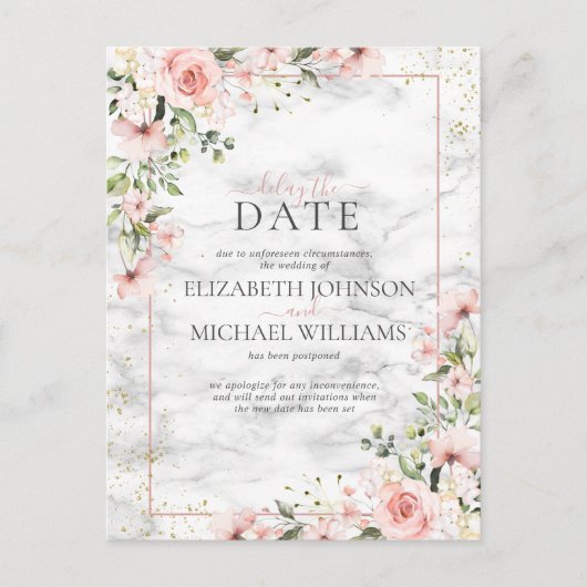 Blush Gold Greenery Dusty Pink Floral Delay Date Briefkaart (Voorkant)