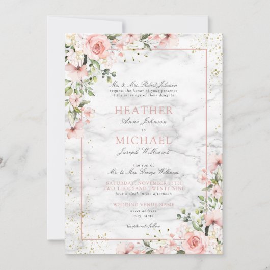 Blush Gold Greenery Dusty Pink Floral Wedding Kaart (Voorkant)