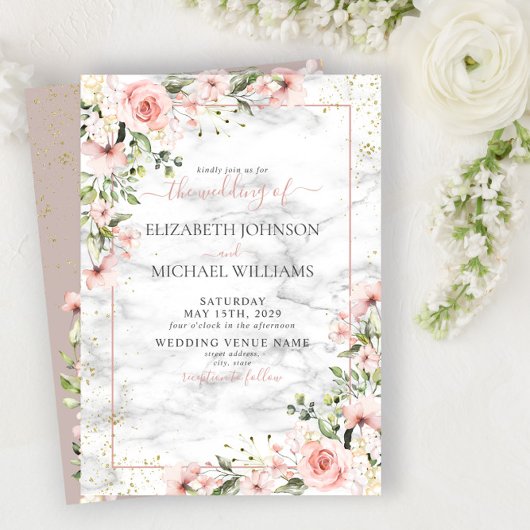 Blush Gold Greenery Dusty Pink Floral Wedding Kaart