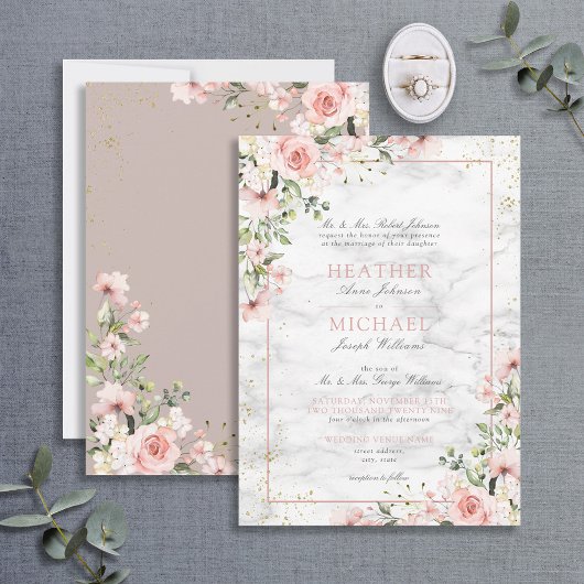 Blush Gold Greenery Dusty Pink Floral Wedding Kaart