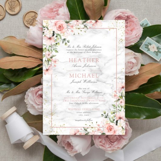 Blush Gold Greenery Dusty Pink Floral Wedding Kaart