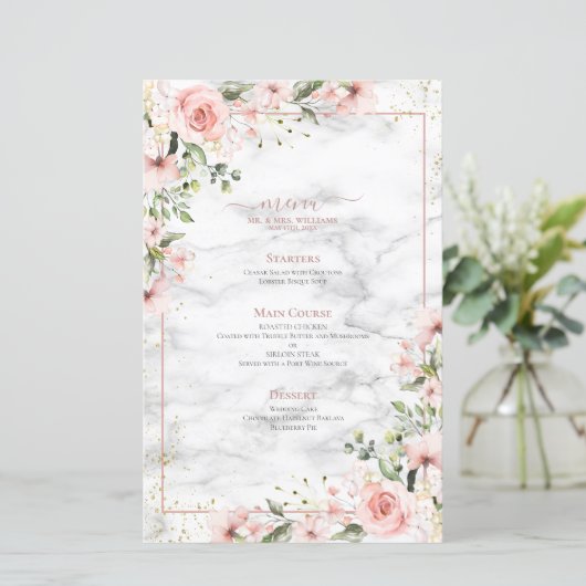 Blush Gold Greenery Dusty Pink Floral Wedding Menu (Staand voorkant)