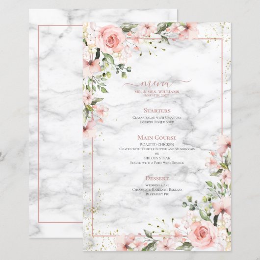 Blush Gold Greenery Dusty Pink Floral Wedding Menu (Voorkant / Achterkant)