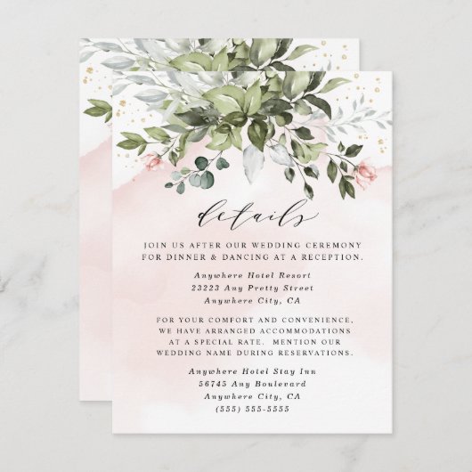Blush Gold Greenery Succulent Dusty Blue Wedding Informatiekaartje (Voorkant / Achterkant)
