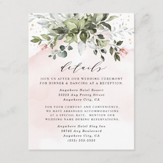 Blush Gold Greenery Succulent Dusty Blue Wedding Informatiekaartje (Voorkant)