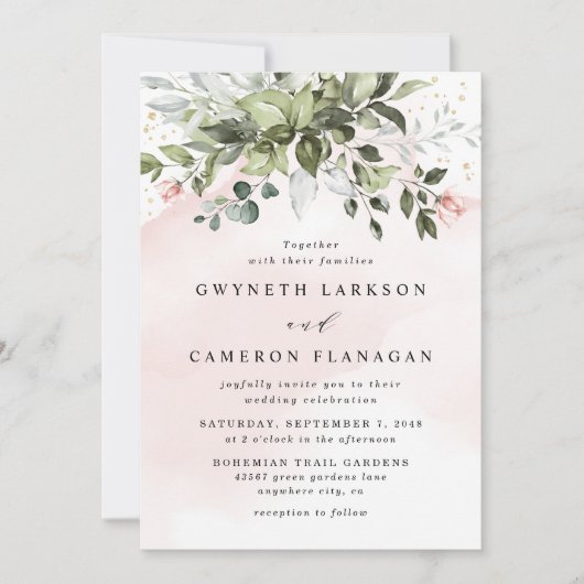 Blush Gold Greenery Succulent Dusty Blue Wedding Kaart (Voorkant)