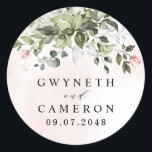 Blush Gold Greenery Succulent Dusty Blue Wedding Ronde Sticker<br><div class="desc">Het ontwerp is voorzien van licht- of wazige roze waterverf-spetters met gesimuleerde gedrukte gouden flecks. Het ontwerp is ook voorzien van wazige roze roze spoelelementen in een groenere bouquet of baard. De kreet bevat een succulent, eucalyptus en andere groene elementen in schaduwen van donkergroene, sage groene, stoffige blauw en nog...</div>