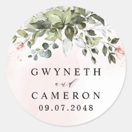 Blush Gold Greenery Succulent Dusty Blue Wedding Ronde Sticker