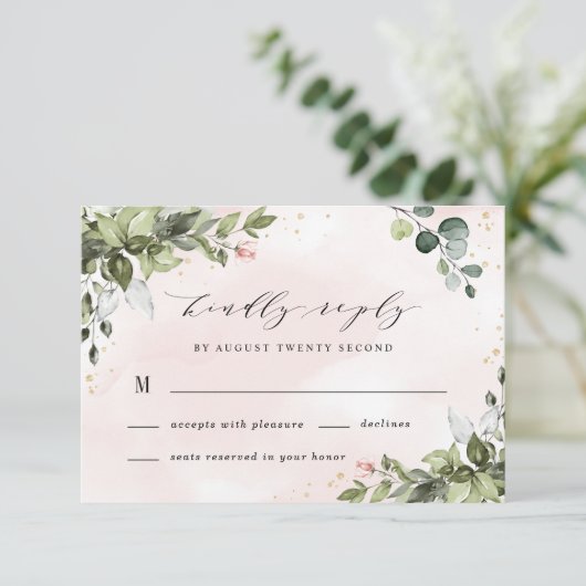 Blush Gold Greenery Succulent Dusty Blue Wedding RSVP Kaartje (Staand voorkant)
