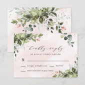 Blush Gold Greenery Succulent Dusty Blue Wedding RSVP Kaartje (Voorkant / Achterkant)