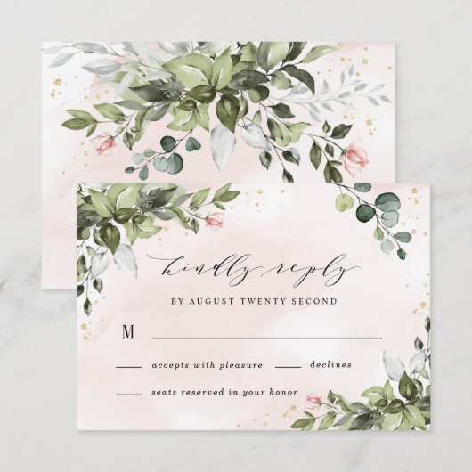 Blush Gold Greenery Succulent Dusty Blue Wedding RSVP Kaartje (Voorkant / Achterkant)