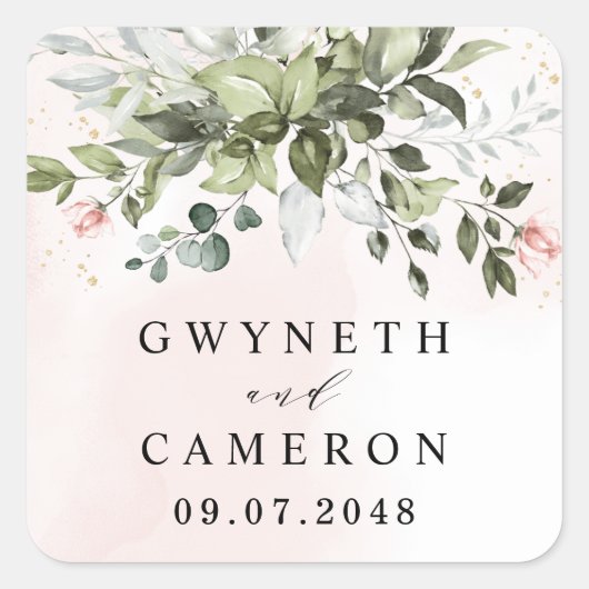 Blush Gold Greenery Succulent Dusty Blue Wedding Vierkante Sticker (Voorkant)