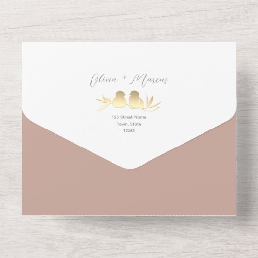 Blush Gold Lovebirds  All In One Uitnodiging (Achterkant)