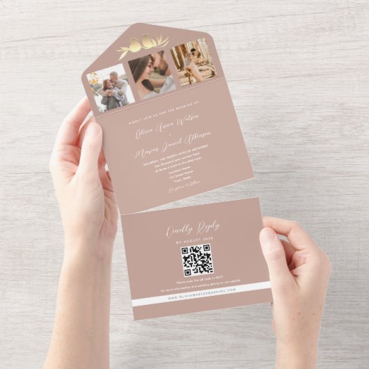 Blush Gold Lovebirds Foto QR Code Huwelijk All In One Uitnodiging (Afscheurbaar)