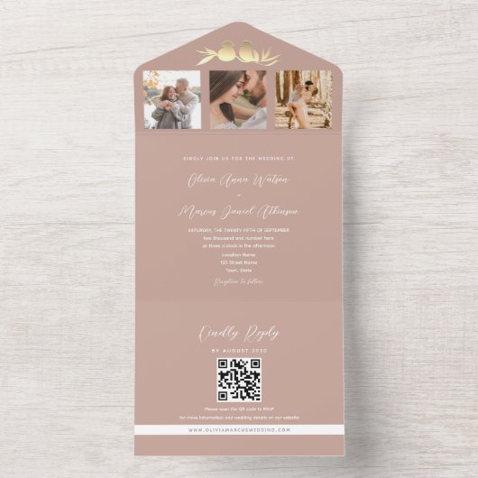 Blush Gold Lovebirds Foto QR Code Huwelijk All In One Uitnodiging (Binnen)
