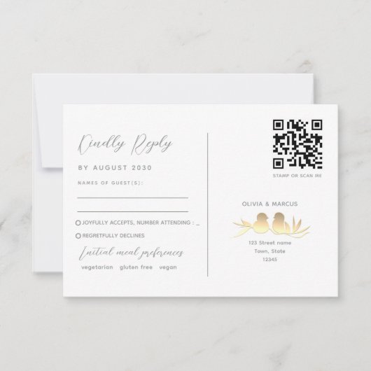 Blush Gold Lovebirds QR Code RSVP Kaartje (Voorkant)