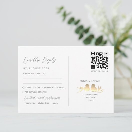 Blush Gold Lovebirds QR Code RSVP Kaartje (Staand voorkant)