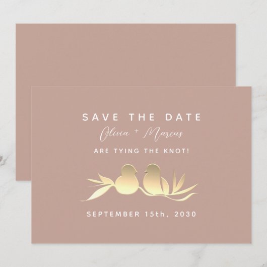 Blush Gold Lovebirds Wedding Save The Date (Voorkant / Achterkant)