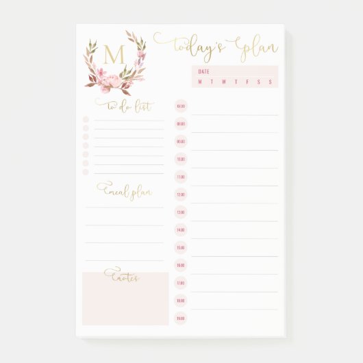Blush & Gold Monogram Dagelijkse Planner Takenlijs Post-it® Notes (Voorkant)